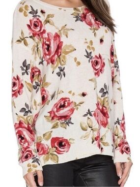 Joie 100% Cashmere Crewneck Sweater in Cream and Rose Print